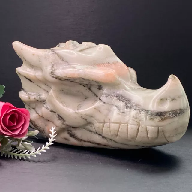 963g Natural White Jade Dragon Skull Hand Carved Crystal Skull Reiki Healing 1PC