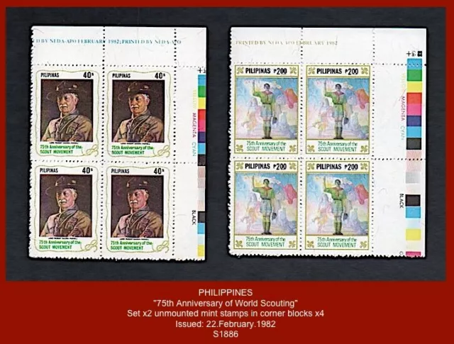 PHILIPPINES 1982 - "75th Anniv. World Scouting"  - Set x2 mint stamps blocks  x4