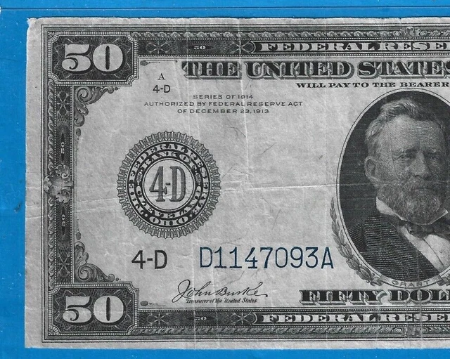 1914 $50 FRN 4-D Cleveland,FR 1036,Large Blue Seal, Circ Fine+,Nice!