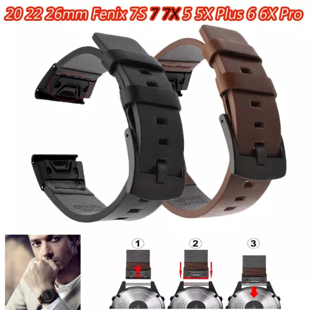 For Garmin Fenix 6 6X Pro 5 5X 3HR Solar Quick Release Leather Watch Band Strap