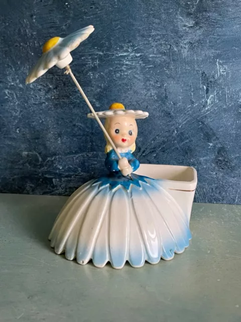 Vintage Napco 1956 Umbrella Parasol Little Lady In Blue With Daisies Head Vase