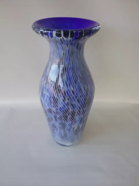 Very Large Murano Art Glass Vase Blue & Red, Gray Swirls 14" Tall, Free Shipping