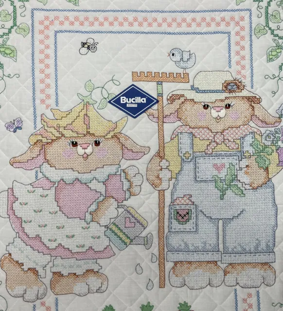 Vintage Finished Cross Stitch Baby Quilt or Wall Hanging Mr & Mrs Bunny Farmer