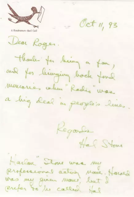 Hal Stone- Signed Handwritten Letter (Radio Actor)