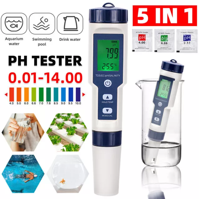 Digitales PH Messgerät,5-in-1 Wassertester PH/Salzgehalt/Temp/TDS/EC Messgerät