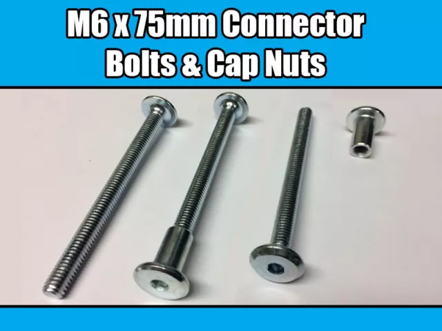 M6 x 75mm Furniture Connector Bolts & Nut Caps Allen Key Head Joint Fixing Units