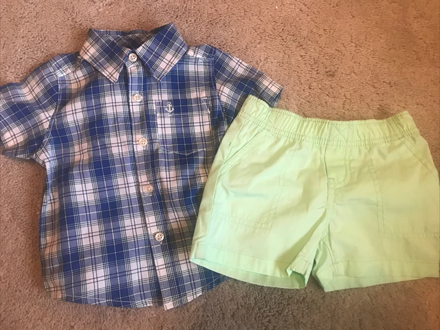 NEW Carters Baby Infant Boy 9 Month Short Outfit Mint Green Blue Plaid Anchor