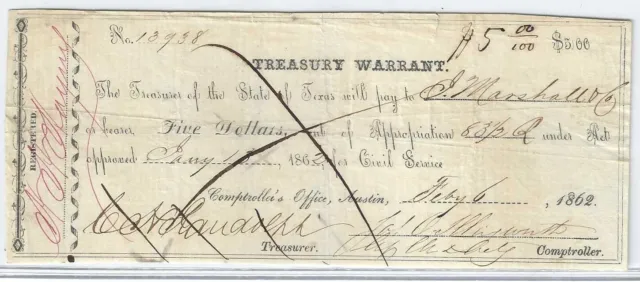 1862 $5 Texas Treasury Warrant,  Really nice condition