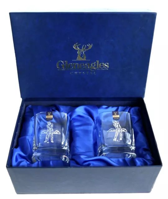 2 x GLENEAGLES CRYSTAL GOLF WHISKY GLASSES TUMBLERS BOXED