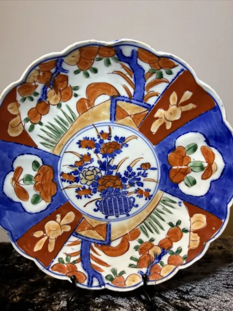 Antique Chinese Imari Fluted Plates Blue Red Flowers On Back 21cm