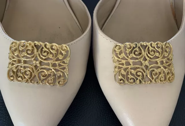 Vintage Filigree Shoe Clips Gold Tone Pair Rectangular Metal Unbranded