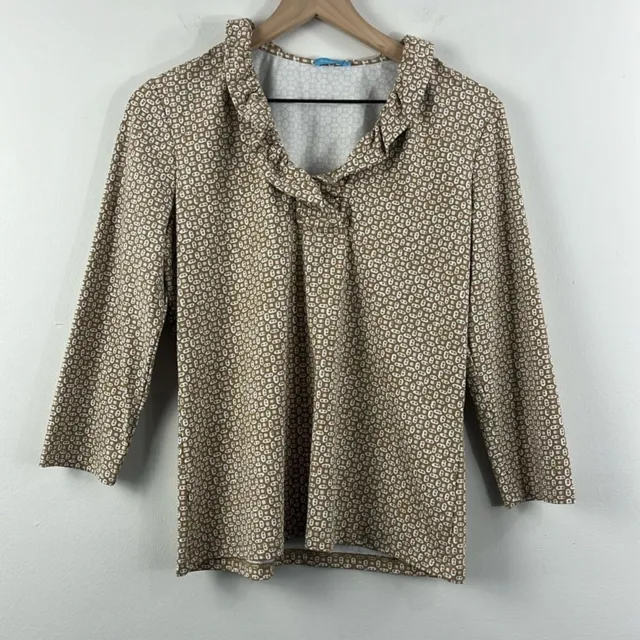 J. McLaughlin Durham Ruffle Neck Catalina Cloth Tan Geo Print Top Womens Size L