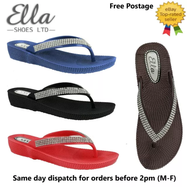 Ladies Flip Flops Sandals Comfort Toe Post Diamante Low Wedge Ella Beach Shoes