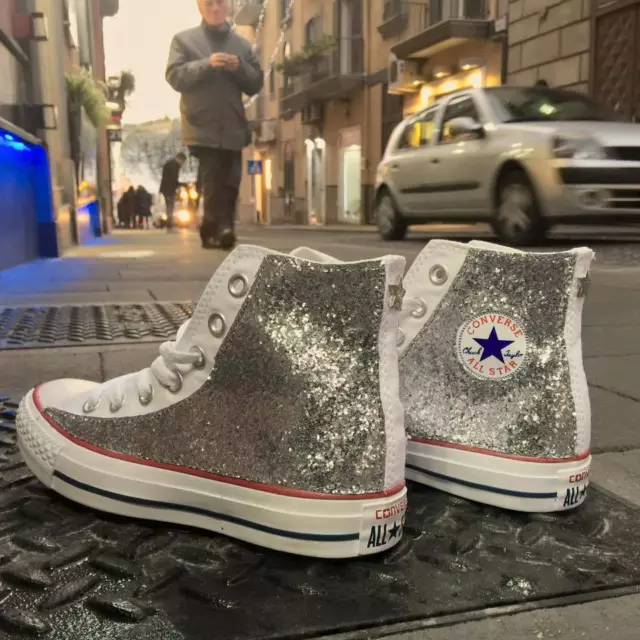 Converse all Star Bianche personalizzate con tessuto Glitter argento Clean stell