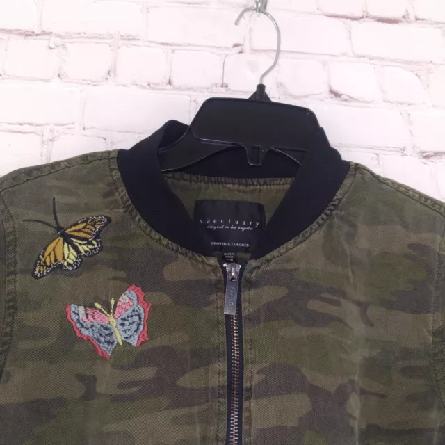 Sanctuary Jacket Womens XS Green Camo Embroidered Butterfly Bird Zip Up 2