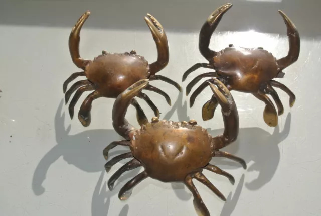 3 tiny small MUD CRAB solid aged brass claws BLUE SWIMMER 4" old style B