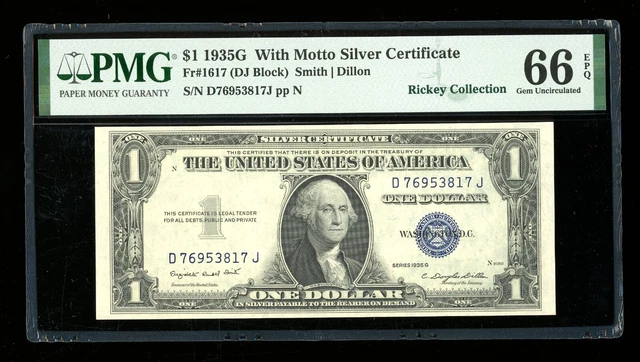 DBR $1 1935-G with MOTTO Gem Silver Fr. 1617 PMG 66 EPQ Serial D76953817J