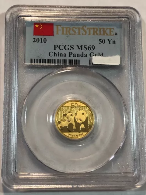 2010 China 50 Yuan GOLD PANDA 1/10 ozt gem BU coin. PCGS MS69 First Strike #umu@