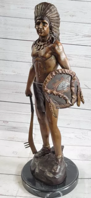 Native American Indian Warrior Chief With Battle Headdress Real Bronze Figure