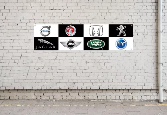 8 Car Logos Banner/Sign Man Cave Garage, Workshop, And Track Sign With Eyelits