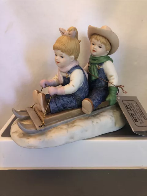 Vtg 1990 Denim Days By Homco Winter Fun #15350-99 Sledding Boy & Girl Figurine