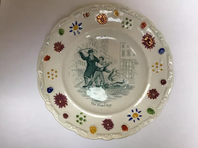 Antique Victorian Cruel Boy Nursery Plate Staffordshire, Green Transfer, Moulded