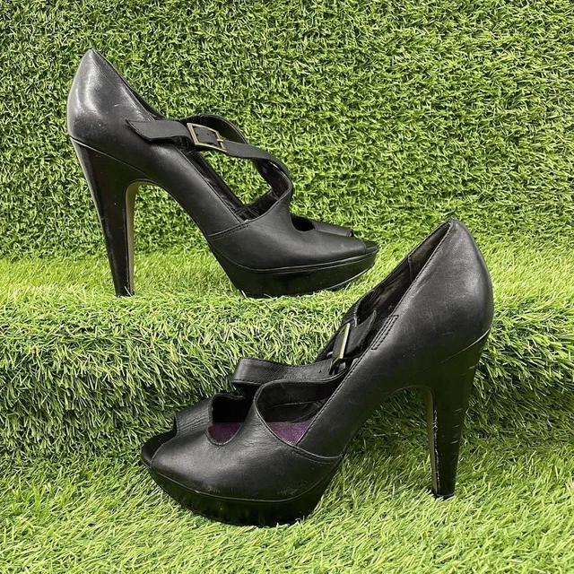 RIVER ISLAND BLACK LEATHER HIGH HEELS STILETTOS PEEP TOE PLATFORM Size