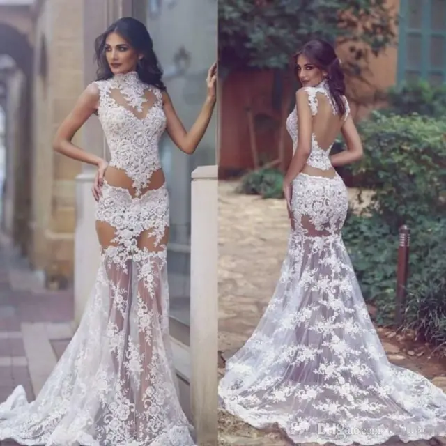 Sexy See Through Mermaid Wedding Dress Sheer Applique Lace Bridal Gown 4 6 8 ++