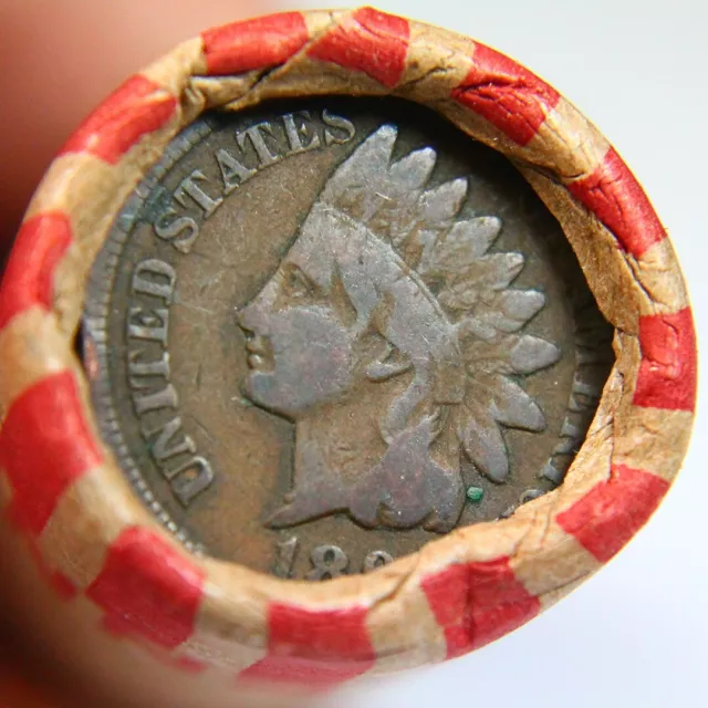 1800s Dated Indian Head Penny Showing On End Of 50 Coin Wheat Roll