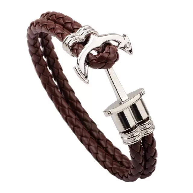 Mens Bracelet PU Leather Surfer Wristband Anchor Style Buckle Clasp Silver