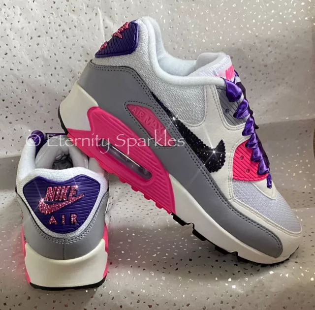 CUSTOMISED WHITE HOT Pink Purple Crystal Bling Nike Air Max 90 Ladies Trainers 129.99 PicClick UK