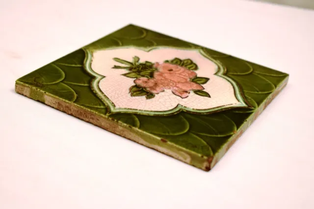 Antique Tile Art Nouveau Majolica Ceramic Porcelain Majolica Rose Flower Green"2 3