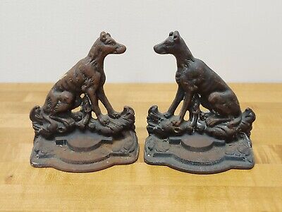 Pair of Antique Cast Iron Hound Dog Bookends "A Sportsman's Friend"