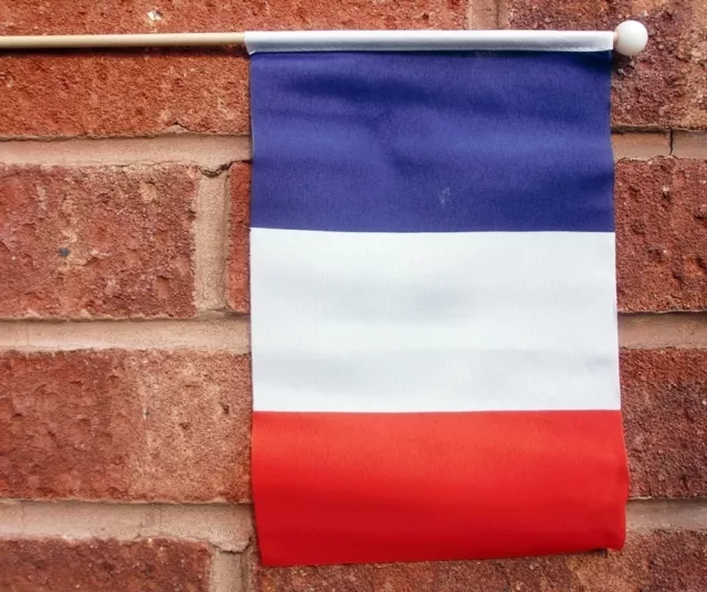 FRANCE HAND WAVING FLAG medium 9" X 6" wooden pole flags FRENCH PARIS FRANCAIS