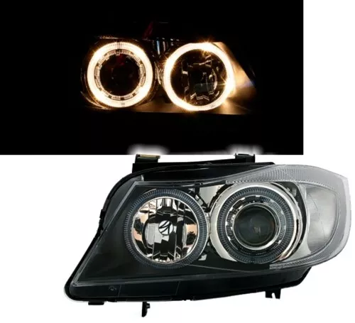 Set di fari Angel Eyes per BMW serie 3 E90 E91 in vetro trasparente nero V1 H7