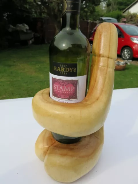 Large Hand Carved Phallic Penis Solid Suar Wood Wine Bottle Holder