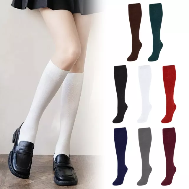 Up to 12 Pairs Girls Knee High Plain Cotton Stretchy School Uniform Socks LOT