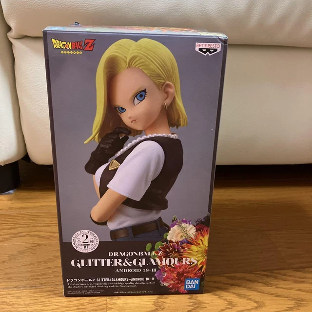 Figura Banpresto Dragon Ball Z Glitter & Glamours Android 18, Camisa Azul, Incluye Soporte Base, Producto Oficial Con Licencia, Figura De Colección Importada De Japón