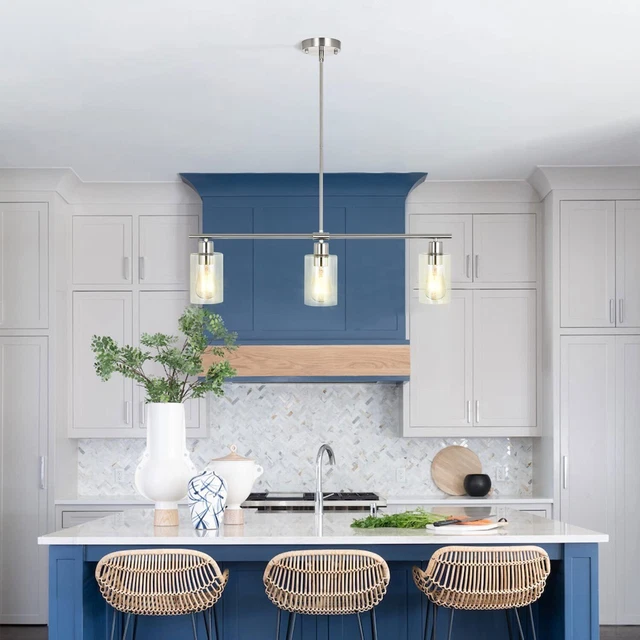 3-Light Pendant Lighting Clear Glass Nickel Chandelier Light Fixture Kitchen US