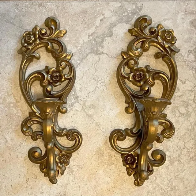 Homco Gold Tone Wall Candle Sconces Hollywood Regency Style Vintage, 1971, #4118