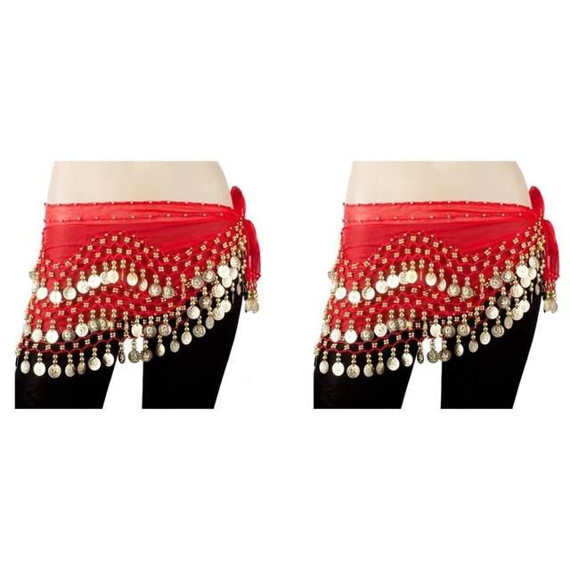 2 X Gonna Danza del Ventre Egitto Costume Abbigliamento Anca Involucri Oro 128 Monete Cintura ChaiL6S4