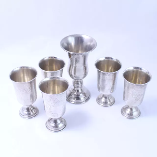 Set of 6 833 Silver Kiddush Cups w/ Etched Design