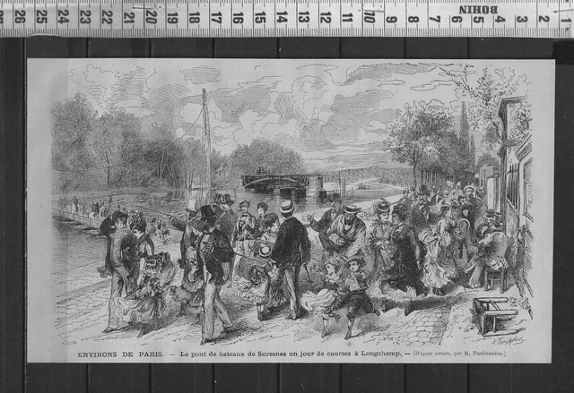 G372 / Engraving 1888 / Paris - Le Pont De Boats De Suresnes
