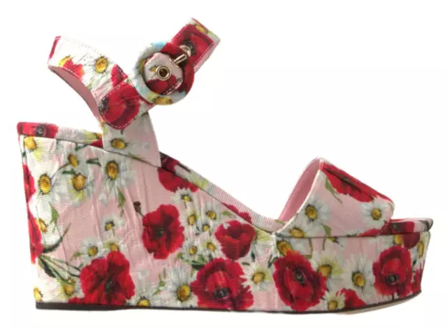 Dolce & Gabbana Pink Red Floral Poppy Daisy Wedge Sandals EU35.5 US5.5