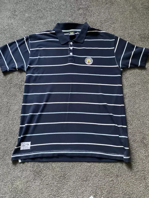 Manchester City Mens Football Official Striped Blue Polo Shirt Large