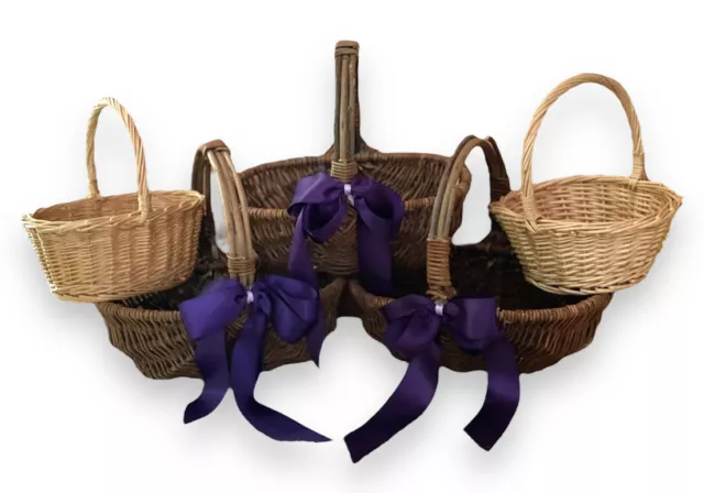 Lot of 5 little Straw Baskets 3 Medium With Purple Satin Bows & 2 Small EUC