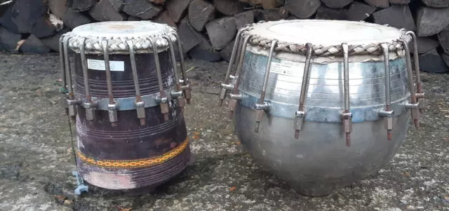 A Set Of Vintage Bayan & Dayan Tabla Drums With Nut & Bolt Tuning System & Pads