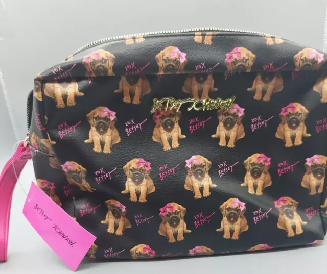 Betsey Johnson Dog With Bows Double Zip Cosmetic Bag Black & Pink NEW