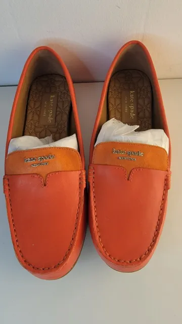KATE SPADE NEW YORK Womens Orange Moc Toe Deck Toe Slip On Leather Loafers 7.5