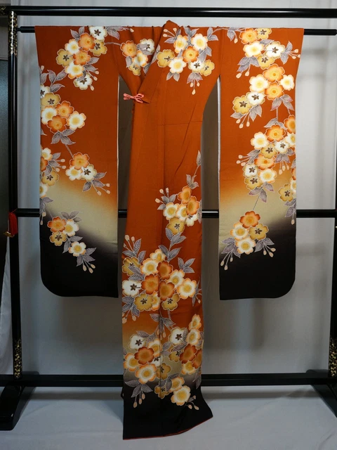 Japanese kimono SILK"FURISODE" long sleeves, Gold leaf ,SAKURA,L65".2152
